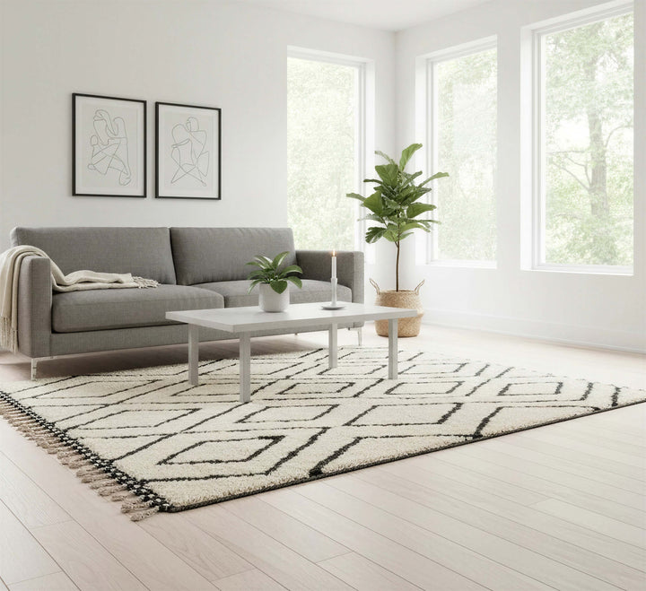 Full view of ivory and black maze geometric Moroccan wool rug