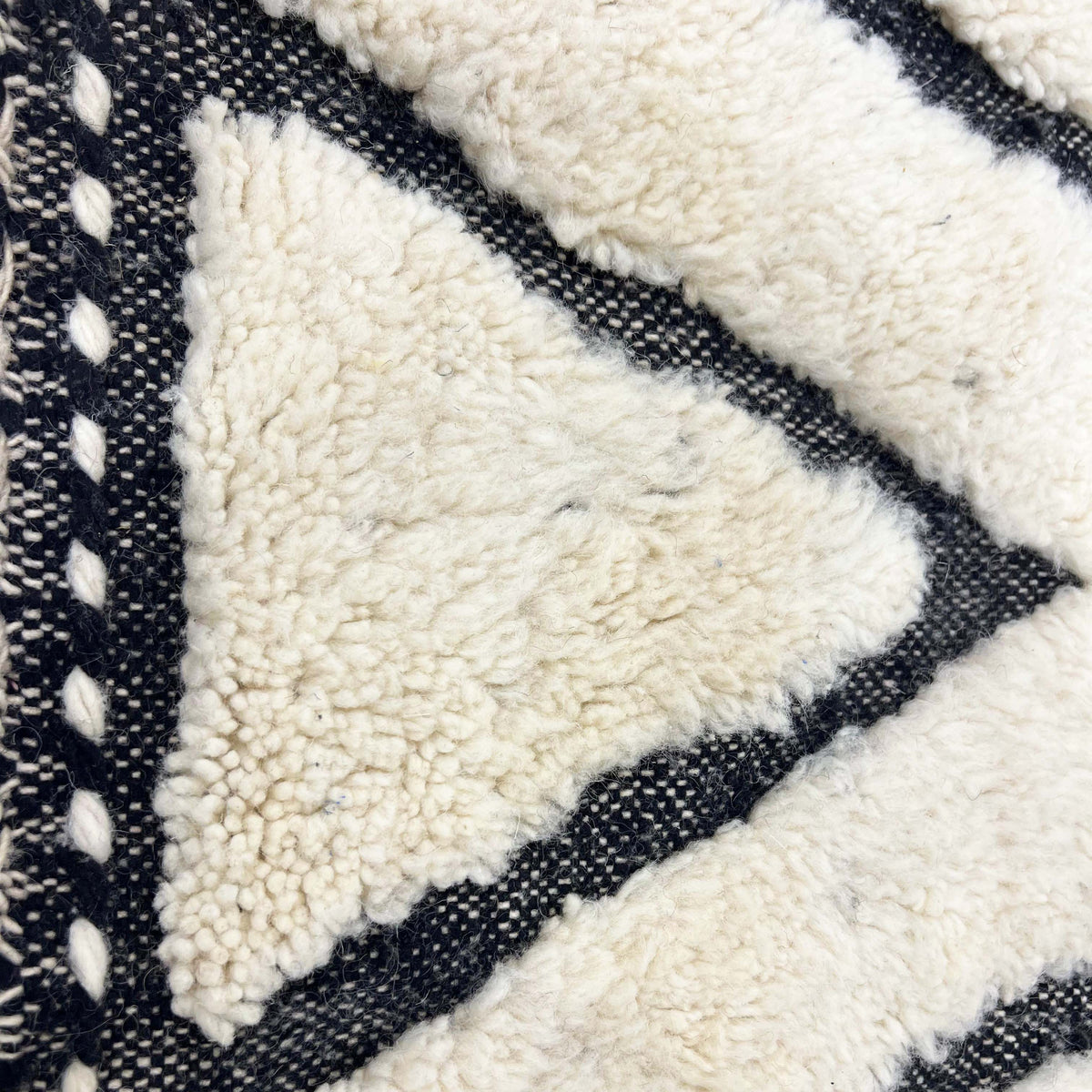 Handwoven wool texture of Ivory Black Maze Geometric Moroccan Wool Rug