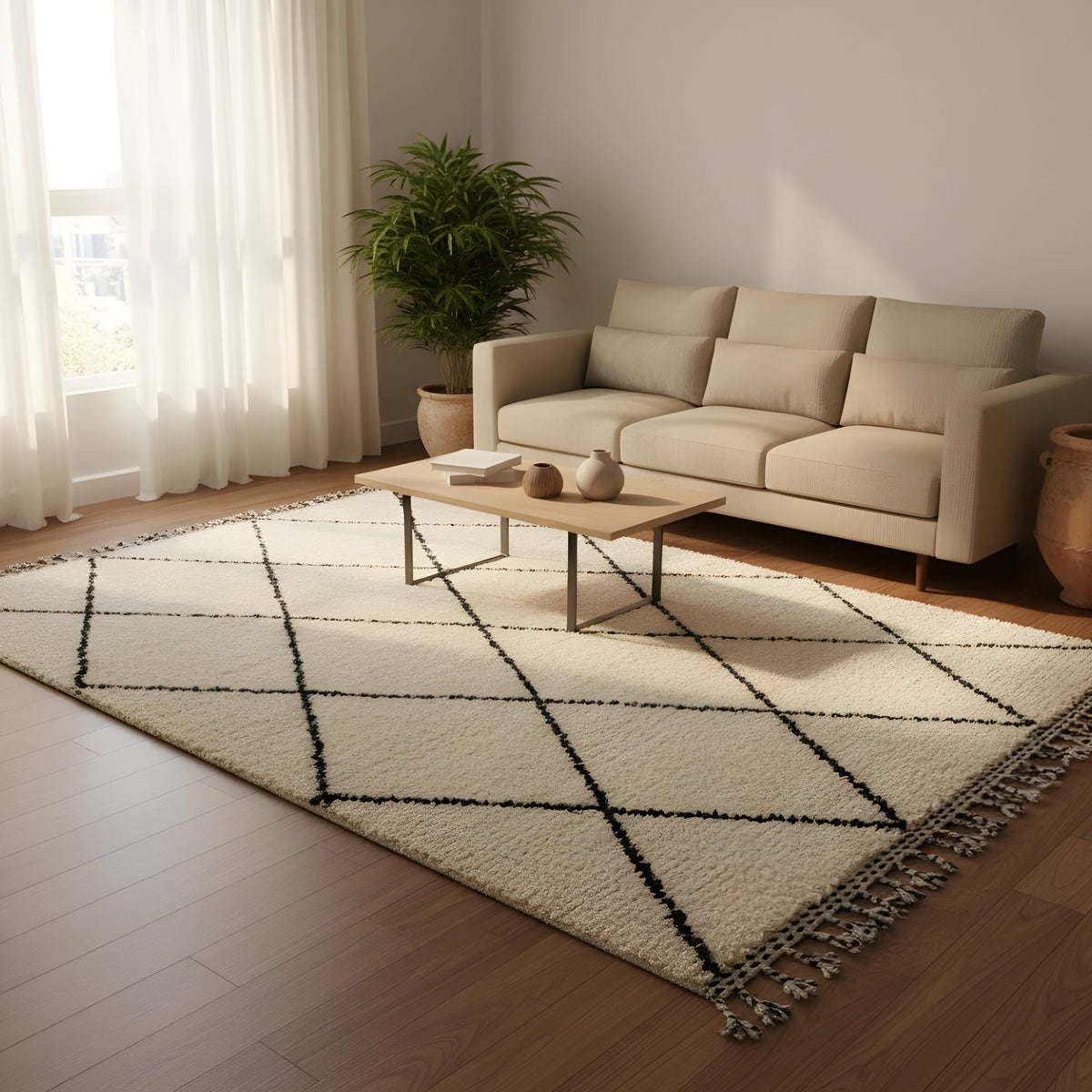 Full view of ivory and black diamond lattice Moroccan wool rug