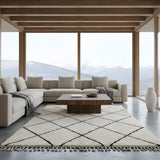 Ivory Diamond Beni Ourain Style Moroccan Wool Rug styled in a bright living room