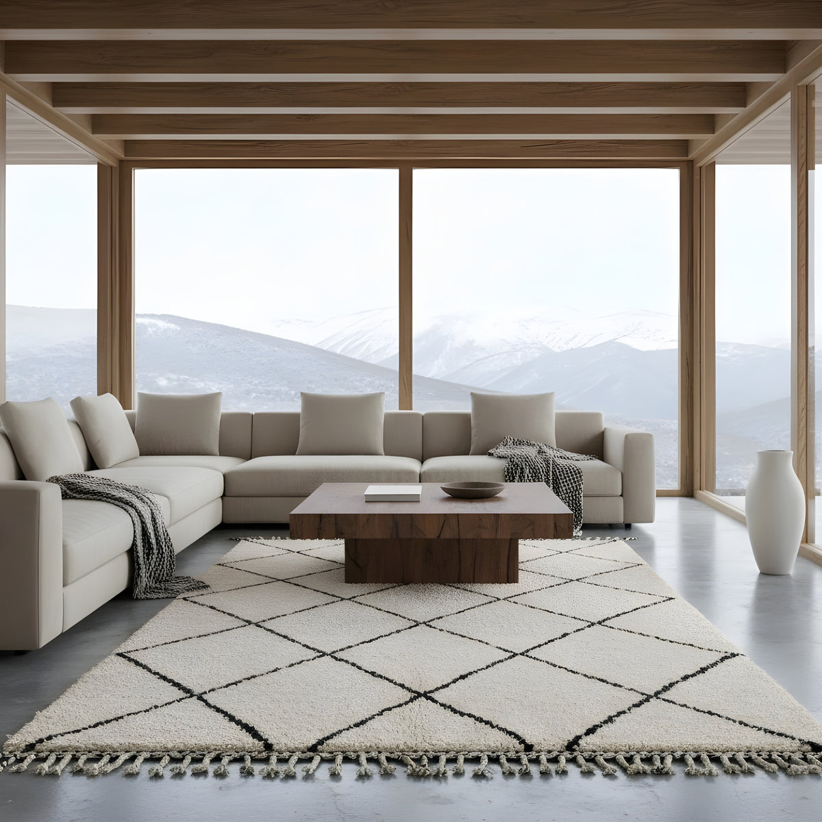 Ivory Diamond Beni Ourain Style Moroccan Wool Rug styled in a bright living room