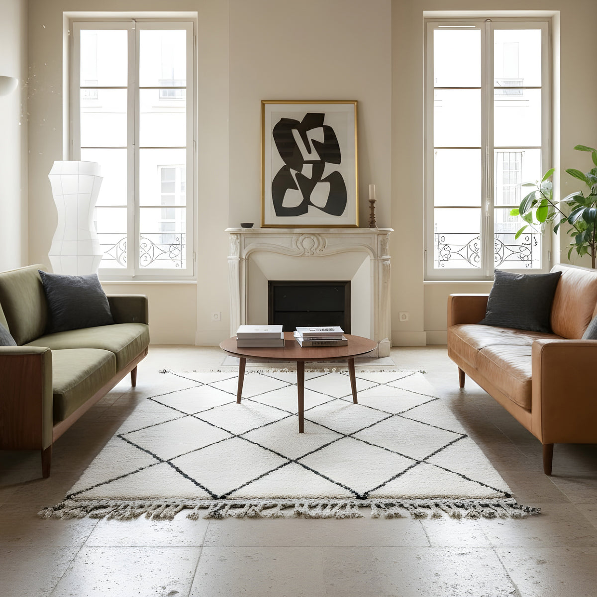 Ivory Diamond Beni Ourain Style Moroccan Wool Rug styled in a modern interior