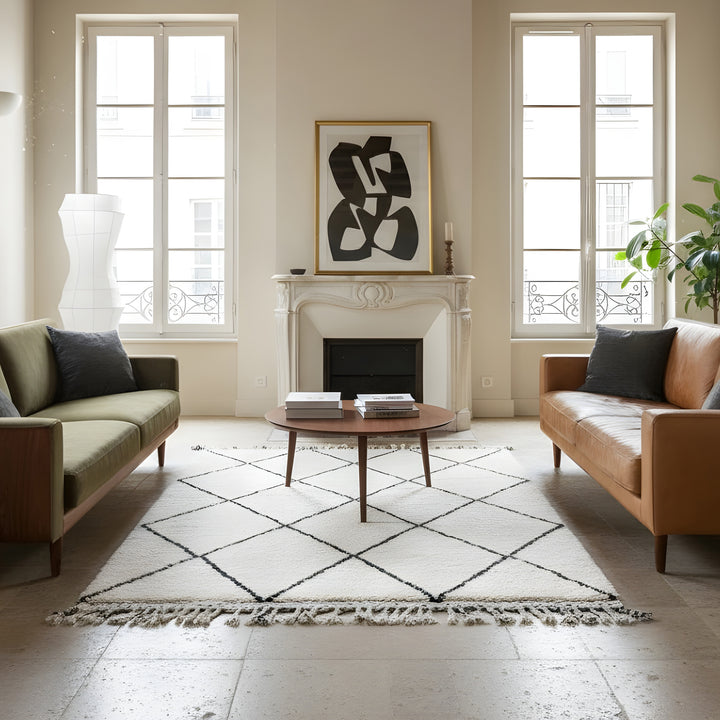 Ivory Diamond Beni Ourain Style Moroccan Wool Rug styled in a modern interior