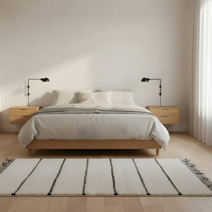 Fringe and edge detail on Ivory Striped Beni Ourain Style Moroccan Wool Rug