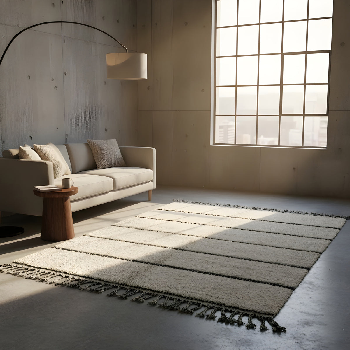 Full view of ivory and charcoal minimal stripes Moroccan wool rug