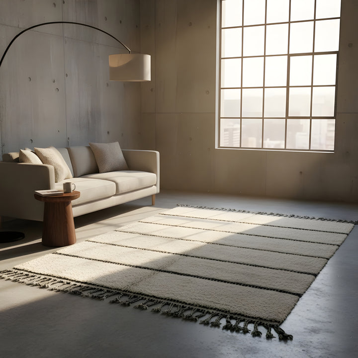 Full view of ivory and charcoal minimal stripes Moroccan wool rug