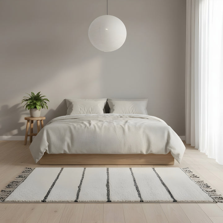 Handwoven wool texture of Ivory Striped Beni Ourain Style Moroccan Wool Rug