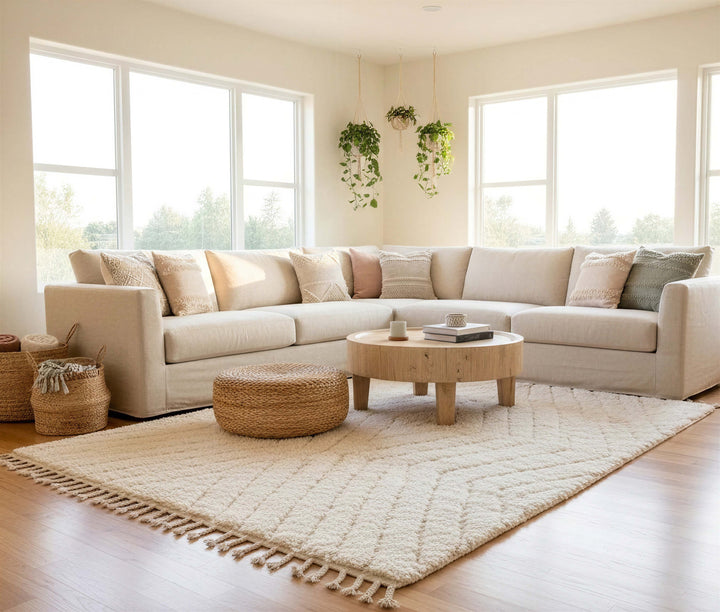 Fringe and edge detail on Ivory Tonal Chevron Beni Ourain Style Wool Rug