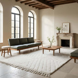 Ivory Tonal Chevron Beni Ourain Style Wool Rug styled in a bright living room