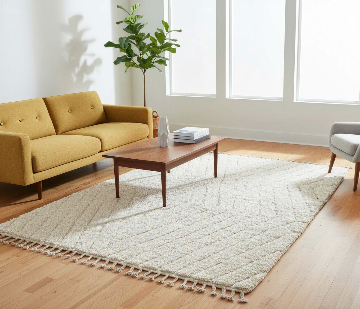 Ivory Tonal Chevron Beni Ourain Style Wool Rug styled in a modern interior