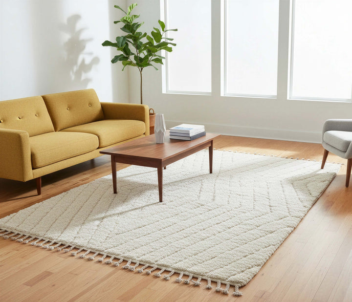 Ivory Tonal Chevron Beni Ourain Style Wool Rug styled in a modern interior