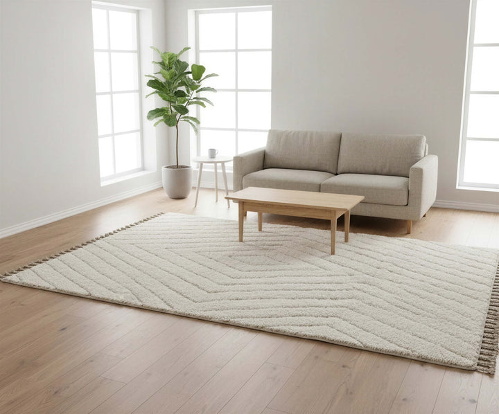 Handwoven wool texture of Ivory Tonal Chevron Beni Ourain Style Wool Rug