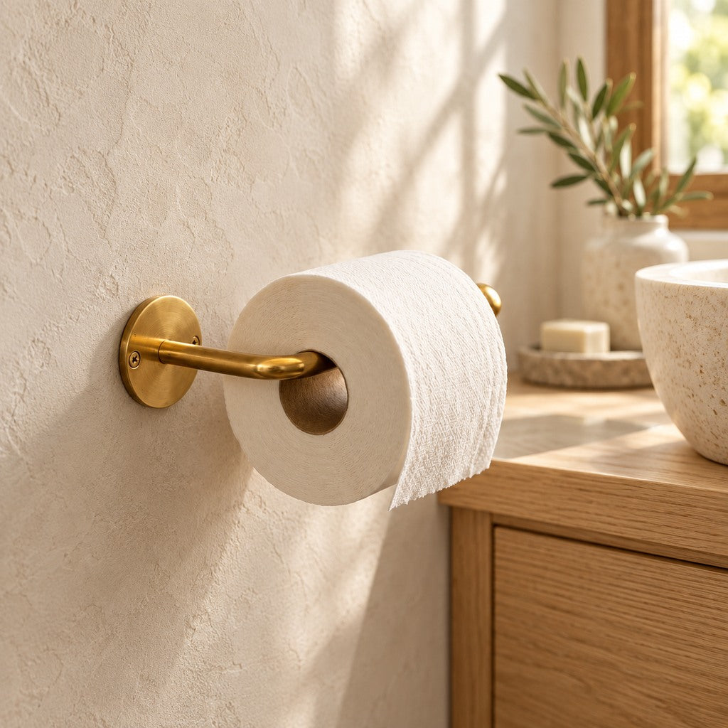 Minimalist solid brass toilet paper holder in a warm neutral bathroom