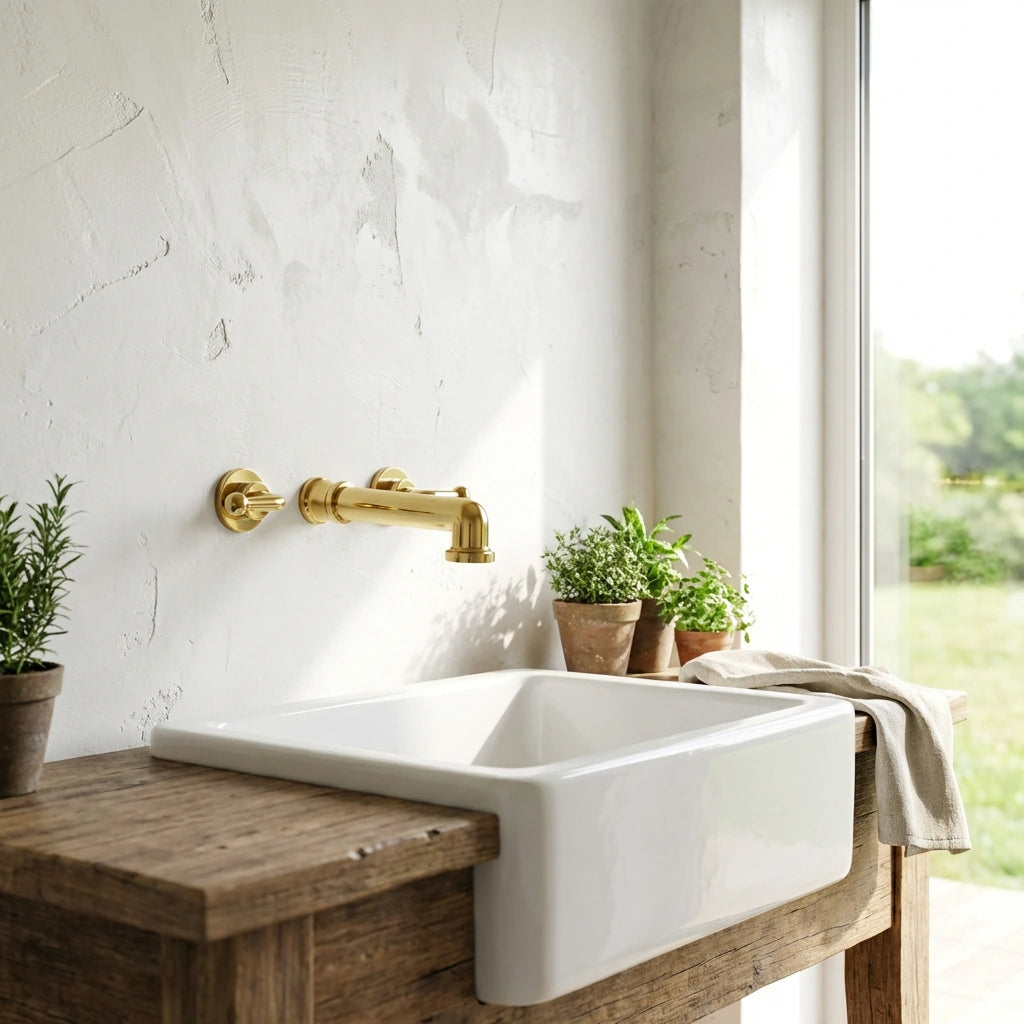 A modern farmhouse-style bathroom setup featuring a matte white ceramic sink mounted on a rustic wooden vanity, paired with a brushed brass wall-mounted faucet. The scene is set against a textured white plaster wall with small potted green plants and a draped beige towel, with a bright window on the right showing a blurred outdoor view.