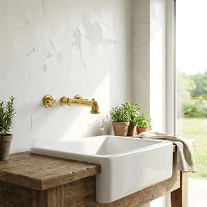 A modern farmhouse-style bathroom setup featuring a matte white ceramic sink mounted on a rustic wooden vanity, paired with a brushed brass wall-mounted faucet. The scene is set against a textured white plaster wall with small potted green plants and a draped beige towel, with a bright window on the right showing a blurred outdoor view.
