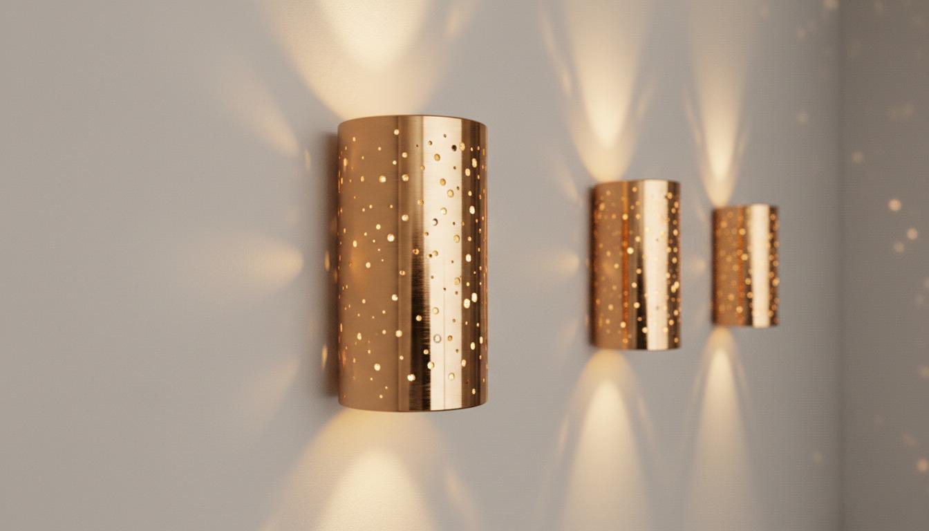 Three cylindrical wall sconces with a metallic rose gold finish and perforated speckled pattern, mounted on a light gray wall and casting warm light beams.