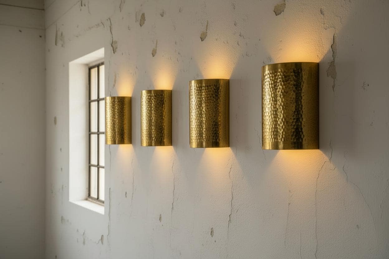 Four cylindrical hammered metal wall sconces in a warm gold finish, mounted in a row on a textured white wall next to a window.