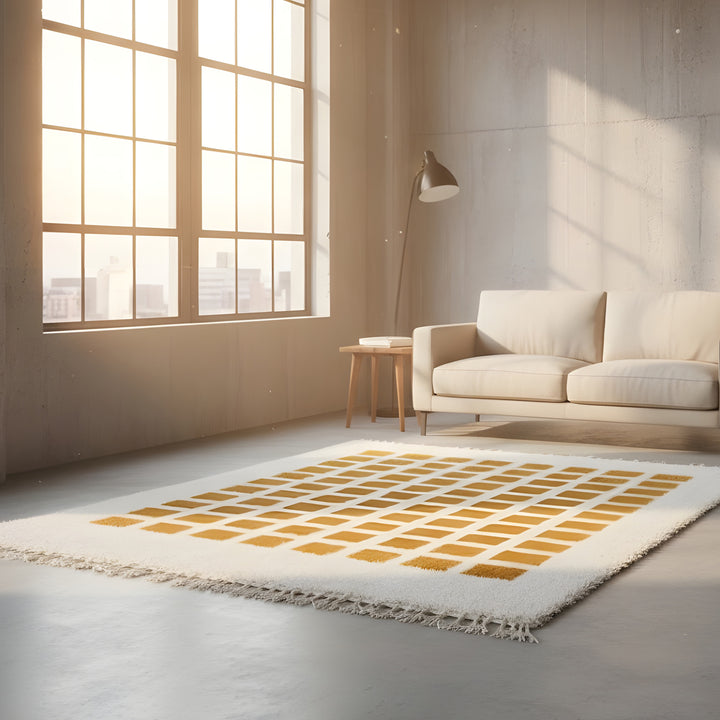 Fringe and edge detail on Mustard Checkerboard Moroccan Wool Rug
