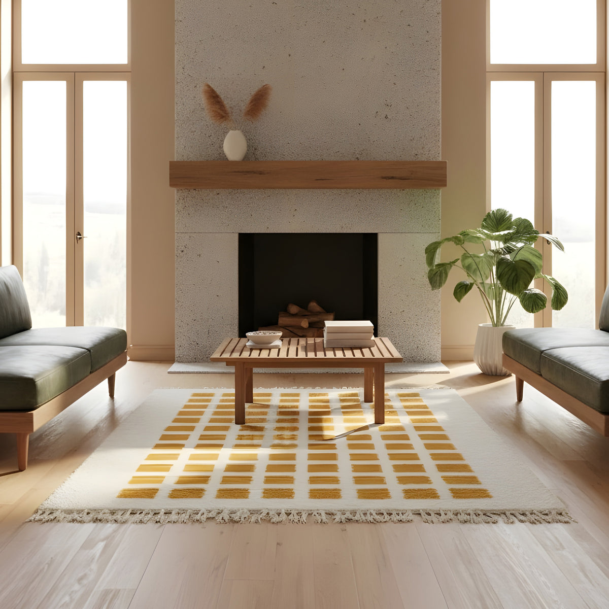 Full view of mustard and ivory checkerboard Moroccan wool rug