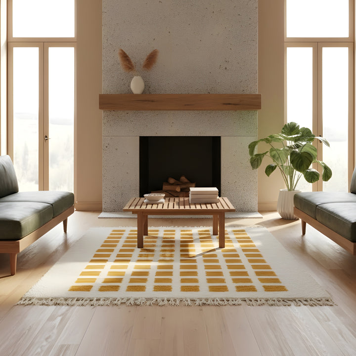 Full view of mustard and ivory checkerboard Moroccan wool rug