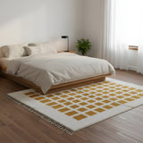 Mustard Checkerboard Moroccan Wool Rug styled in a bright living room