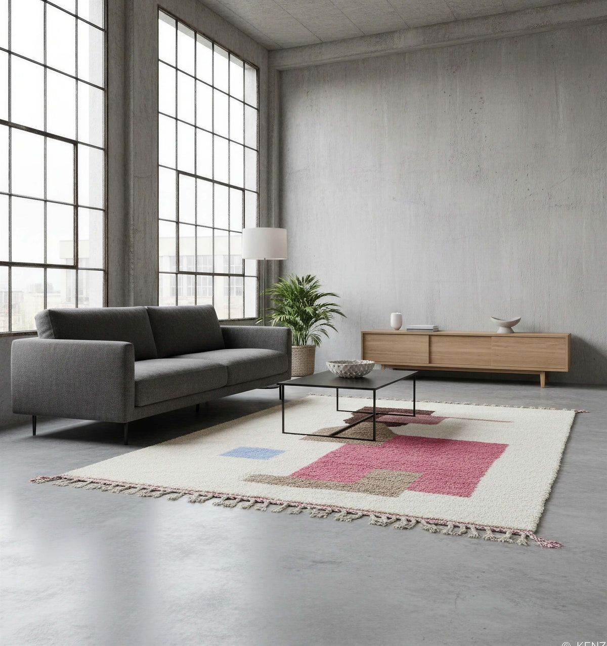 Pastel Geometric Azilal Style Moroccan Wool Rug styled in a bright living room