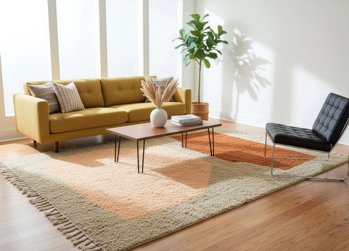 Handwoven wool texture of Peach Rust Color Block Azilal Style Wool Rug