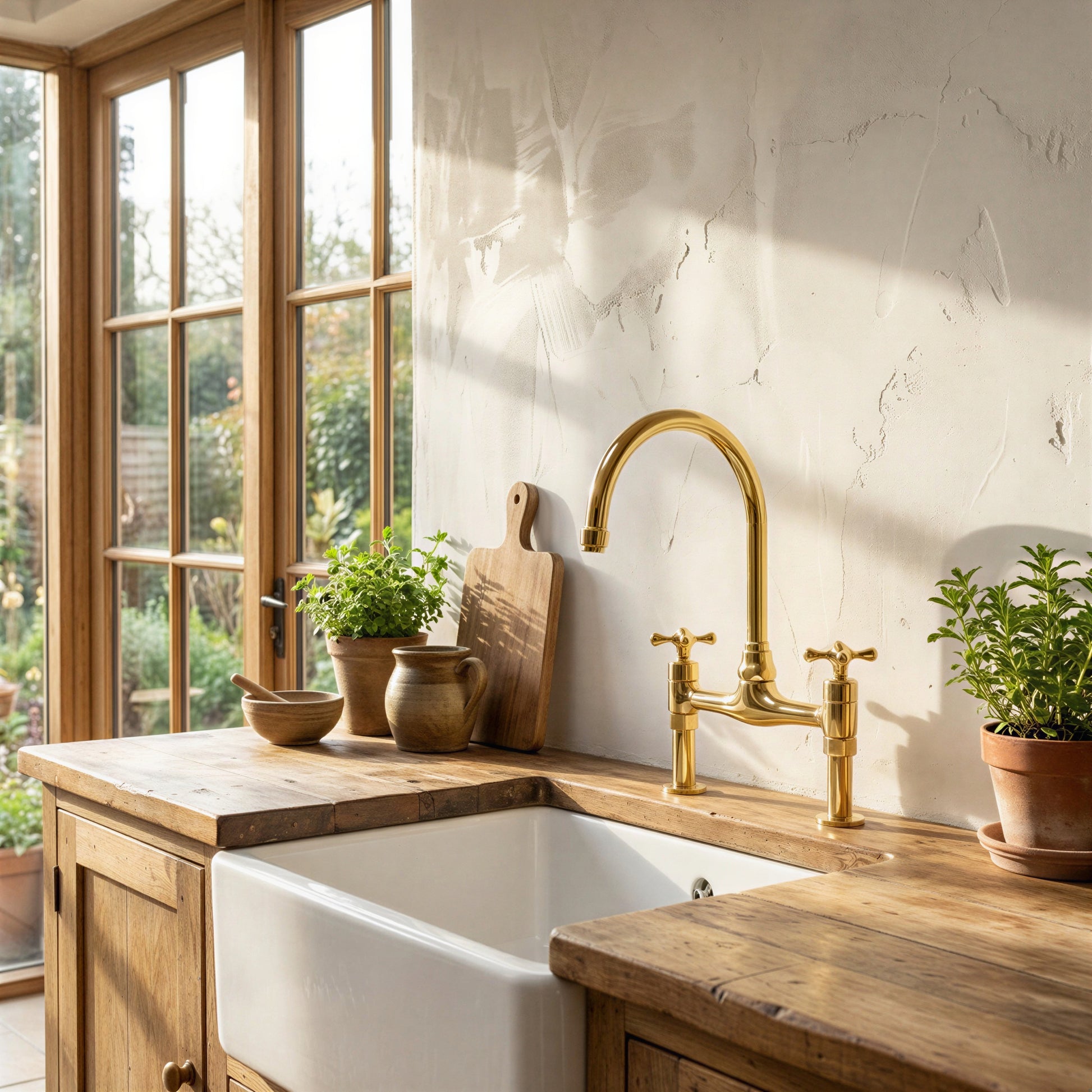 A polished brass bridge faucet with a high-arc spout installed above a white farmhouse sink in a rustic wooden kitchen counter, with potted plants and a window in the background.