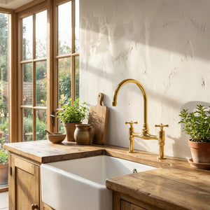 A polished brass bridge faucet with a high-arc spout installed above a white farmhouse sink in a rustic wooden kitchen counter, with potted plants and a window in the background.