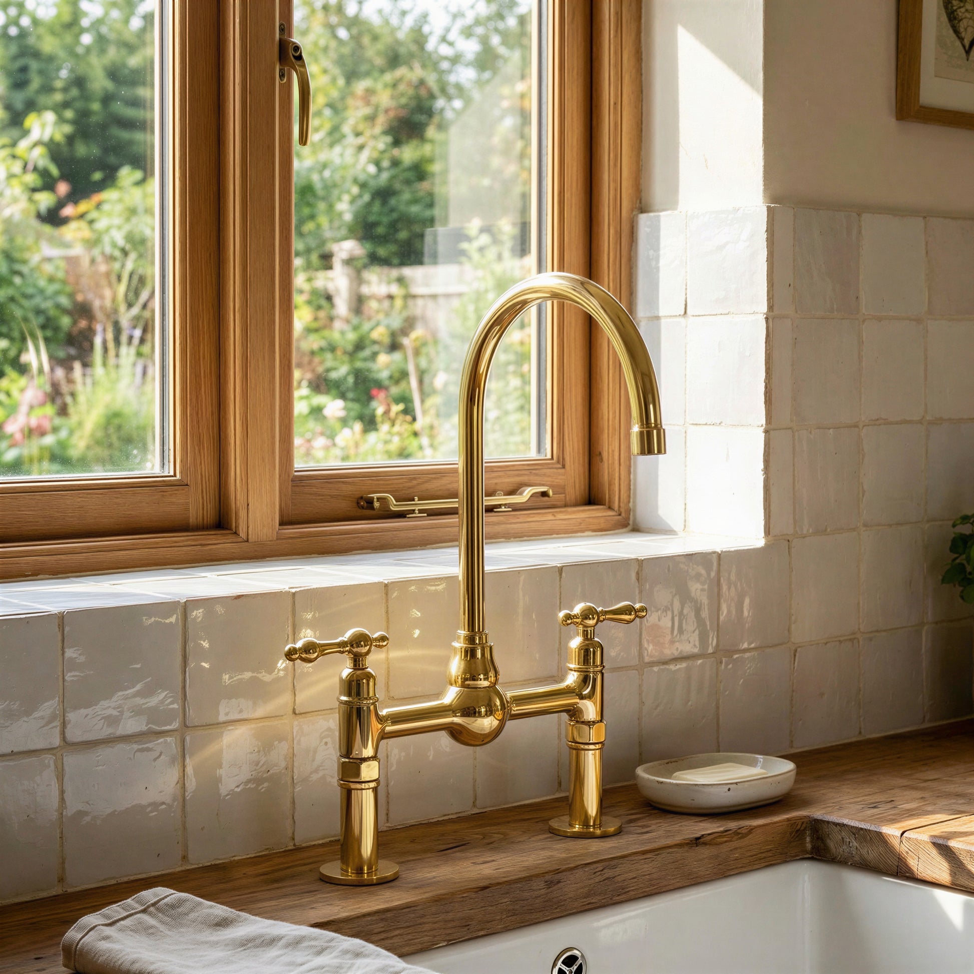 Handmade unlacquered brass bridge kitchen faucet with high-arc gooseneck spout and classic lever handles mounted on a rustic wood countertop over a fireclay sink.