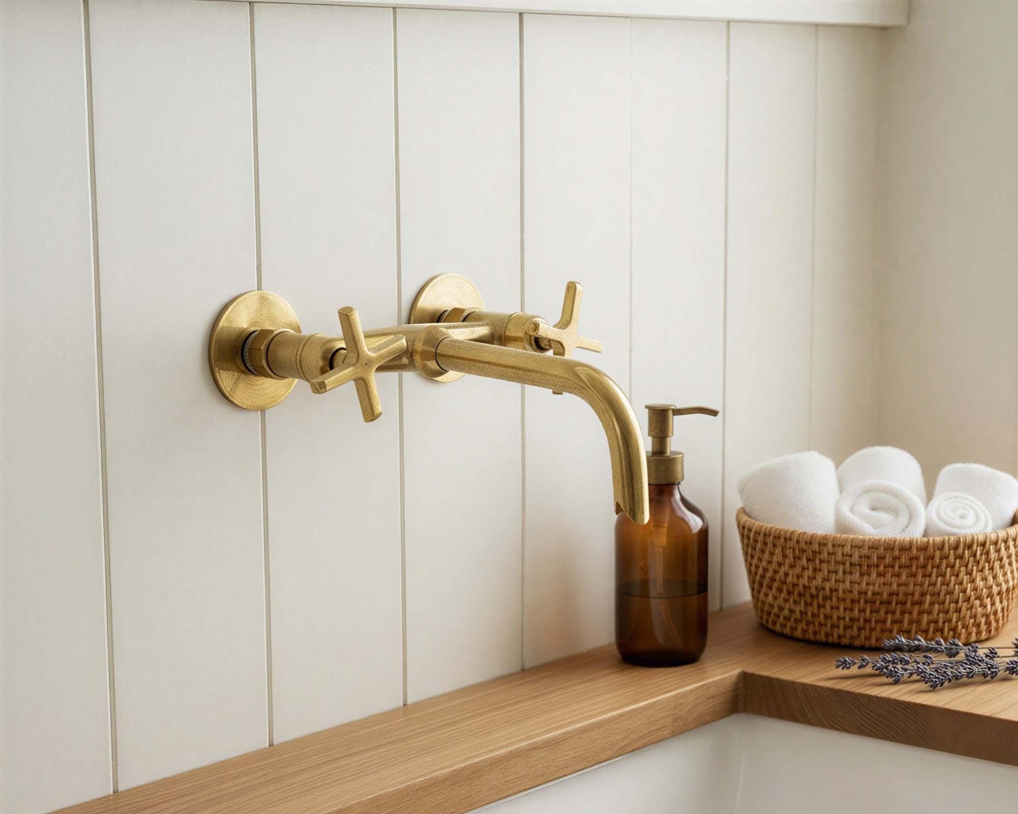 Gold faucet on a wooden shelf with a white tiled wall background
