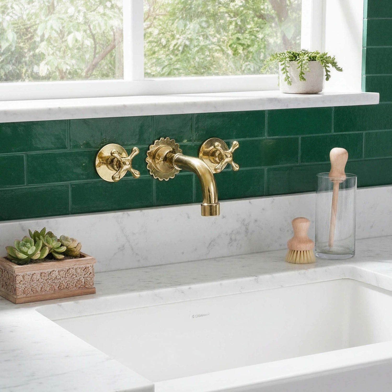Gold faucet on a green tiled wall with a white countertop and window in the background.