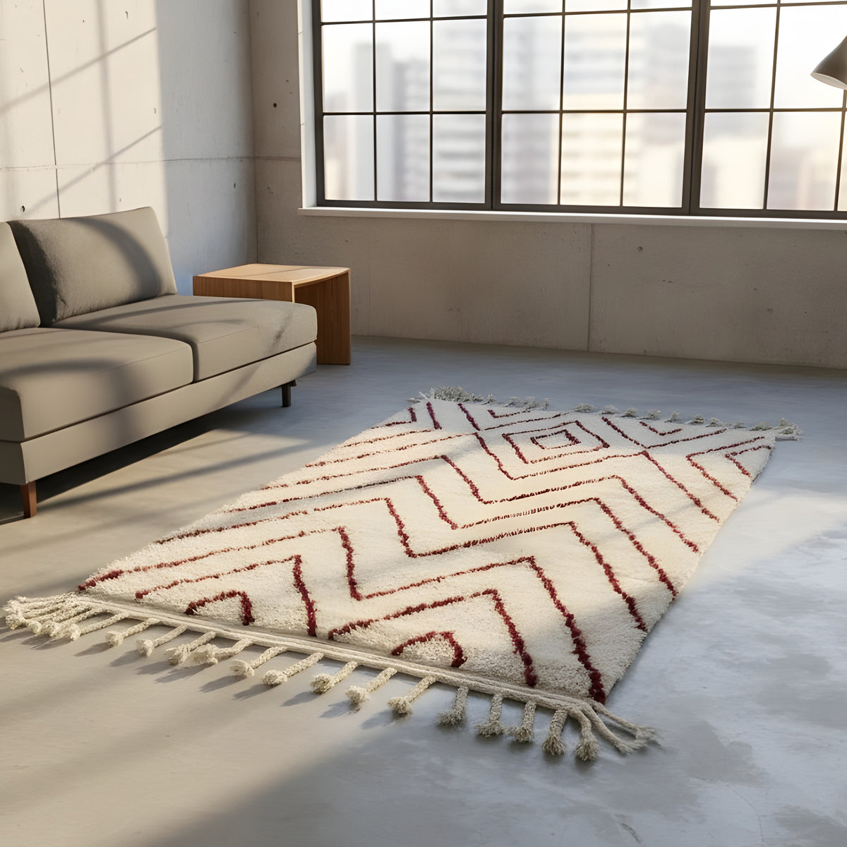Fringe and edge detail on Rust Chevron Beni Ourain Style Moroccan Wool Rug