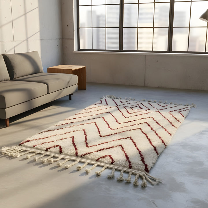 Fringe and edge detail on Rust Chevron Beni Ourain Style Moroccan Wool Rug