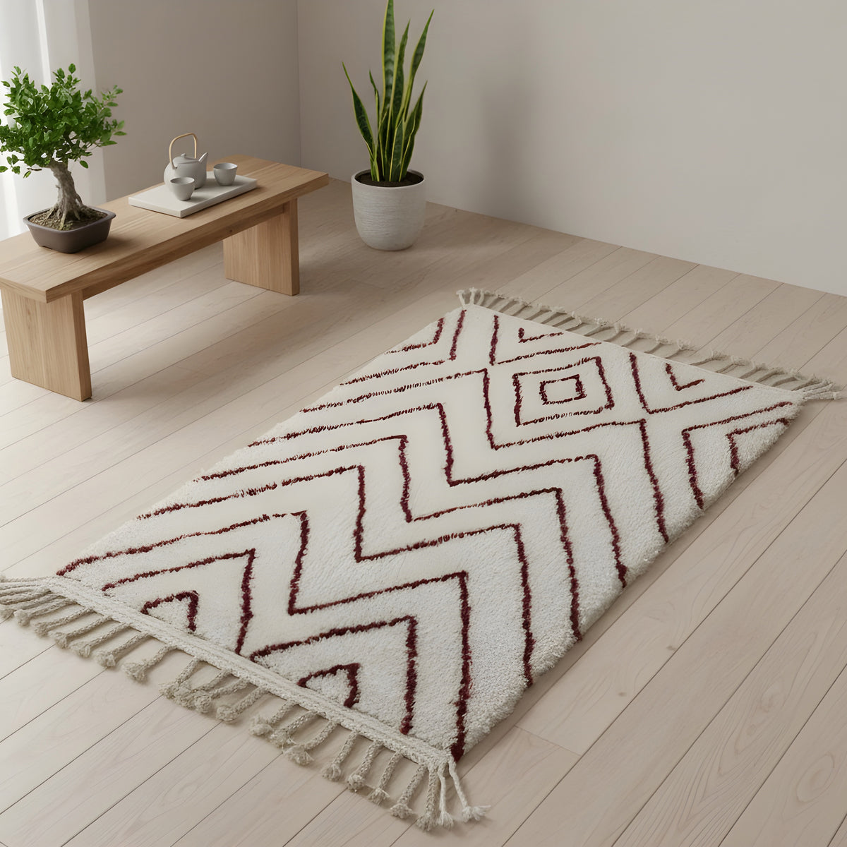 Full view of rust and ivory chevron diamond Moroccan wool rug