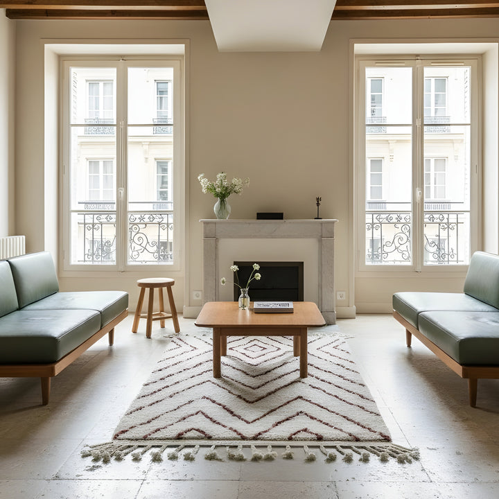 Rust Chevron Beni Ourain Style Moroccan Wool Rug styled in a bright living room