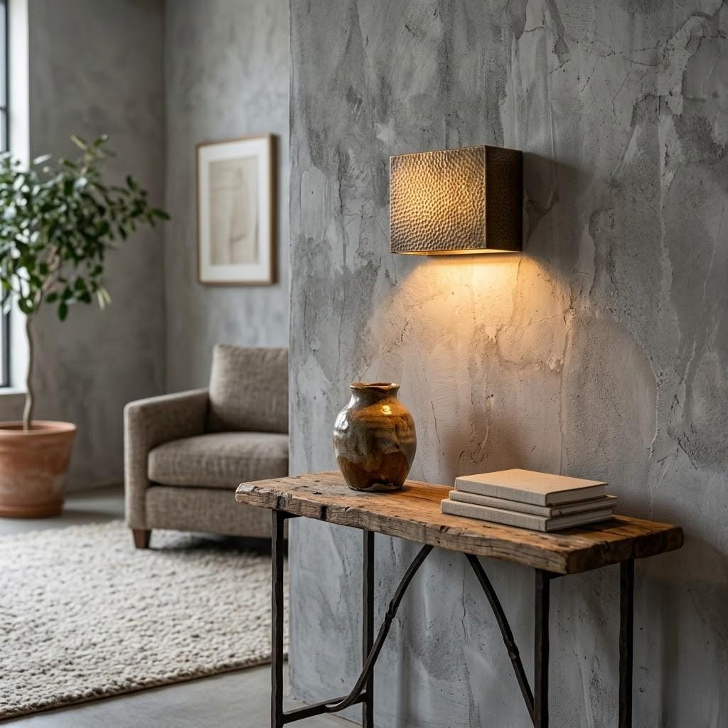 A warm, textured square wall sconce mounted on a concrete-look wall, casting a soft glow downwards in a modern, rustic living room setting with a wooden console table, ceramic vase, and books.