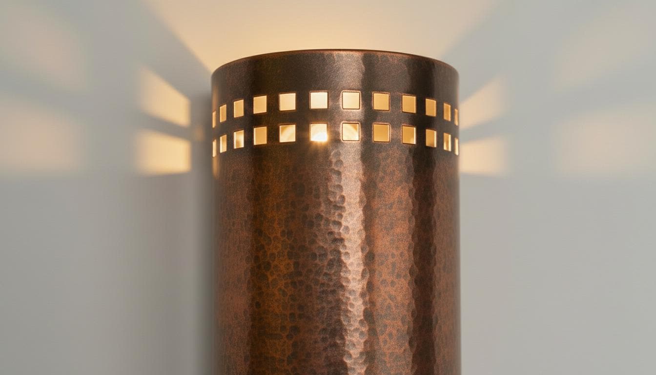 A cylindrical copper wall sconce with a hammered texture and a ring of square cutouts, casting warm light onto a light gray wall.