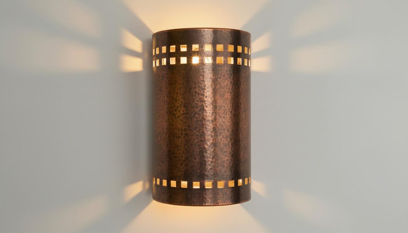 A cylindrical wall sconce with a textured bronze finish and square cutouts, casting warm light and shadow patterns on a light gray wall.