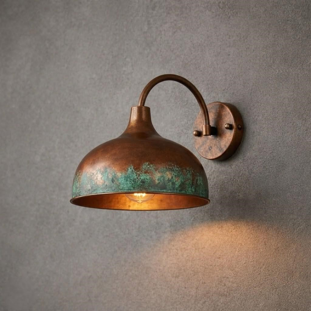 A vintage-style dome wall sconce with a distressed bronze finish and green patina accents, mounted on a textured gray wall and casting a warm light downward.