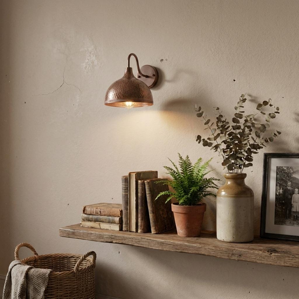 A copper-toned wall sconce with a dome shade and curved arm, mounted on a textured beige wall above a rustic wooden shelf holding books, a potted fern, a ceramic vase with dried branches, and a framed picture.