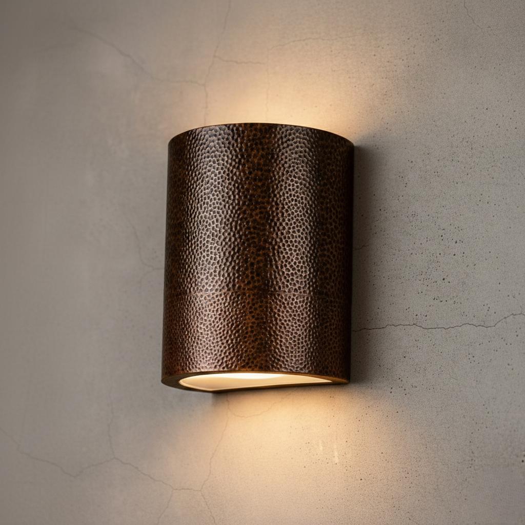 A cylindrical wall sconce with a textured dark brown metallic finish, mounted on a textured concrete wall and casting a warm light downward.