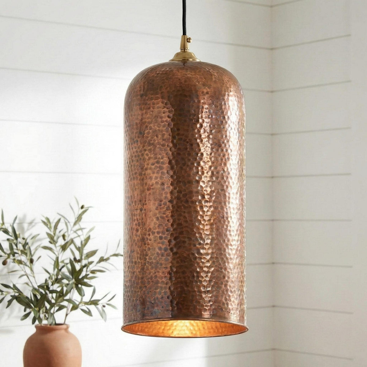Copper pendant light hanging in a room with a plant and vase.