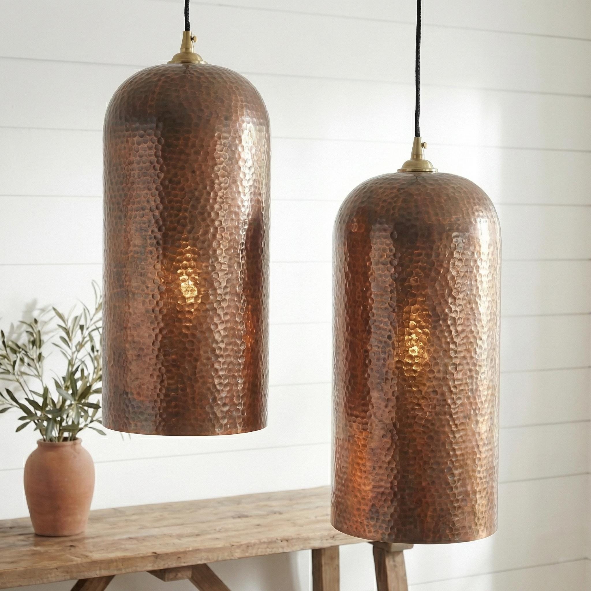 Two copper pendant lights hanging above a wooden table with a plant in the background.