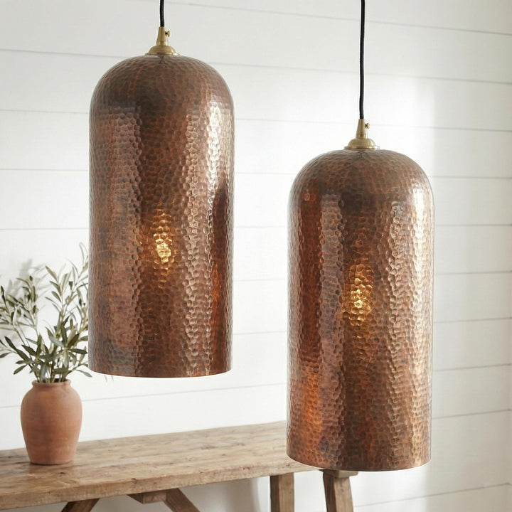 Two copper pendant lights hanging above a wooden table with a plant in the background.