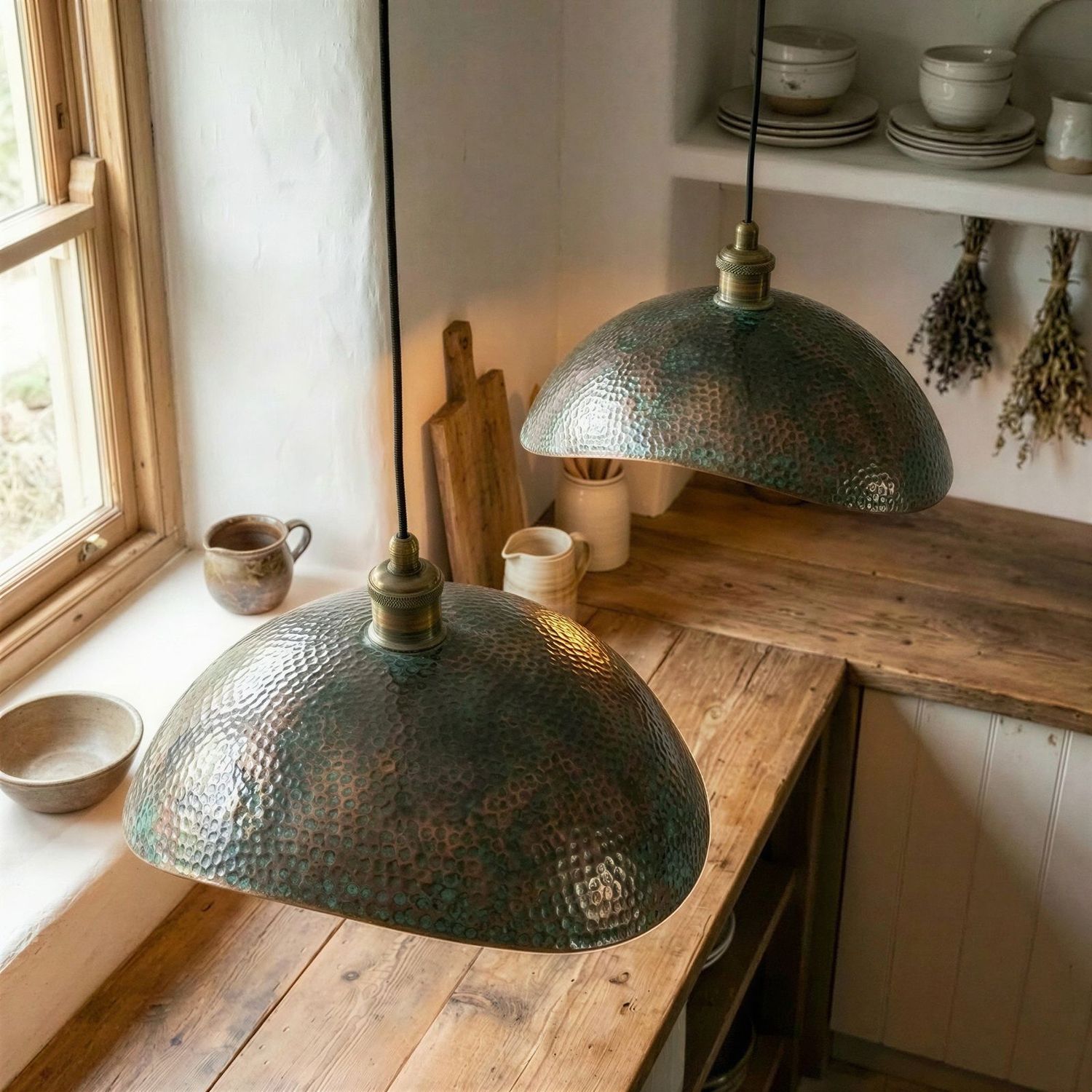 Copper Pendant Light Verdigris Patina – Hammered Dome Shade with Wavy Rim