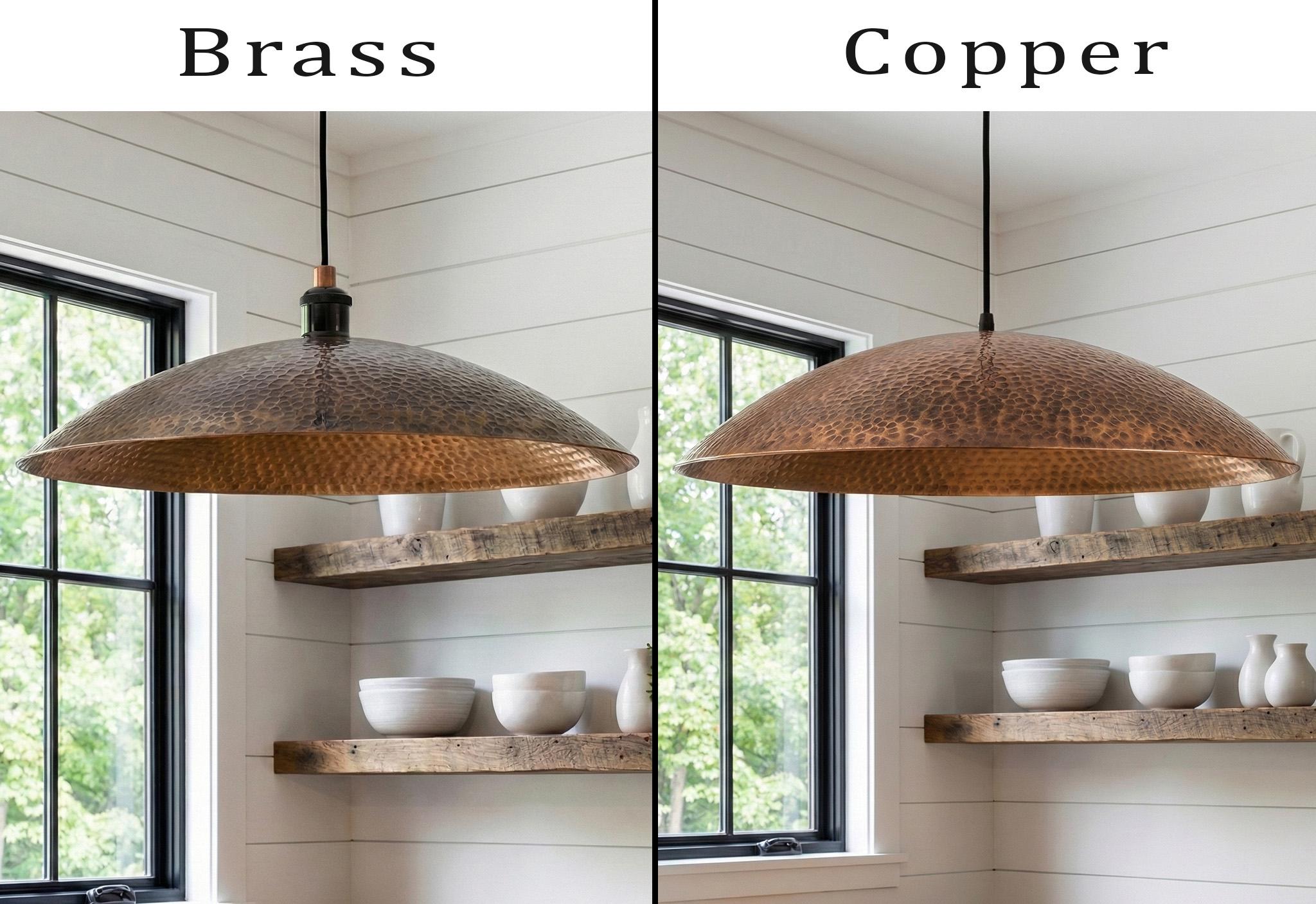 Two pendant lights labeled 'Brass' and 'Copper' hanging in a room with shelves and windows.