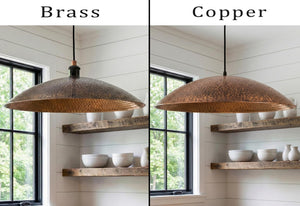Two pendant lights labeled 'Brass' and 'Copper' hanging in a room with shelves and windows.