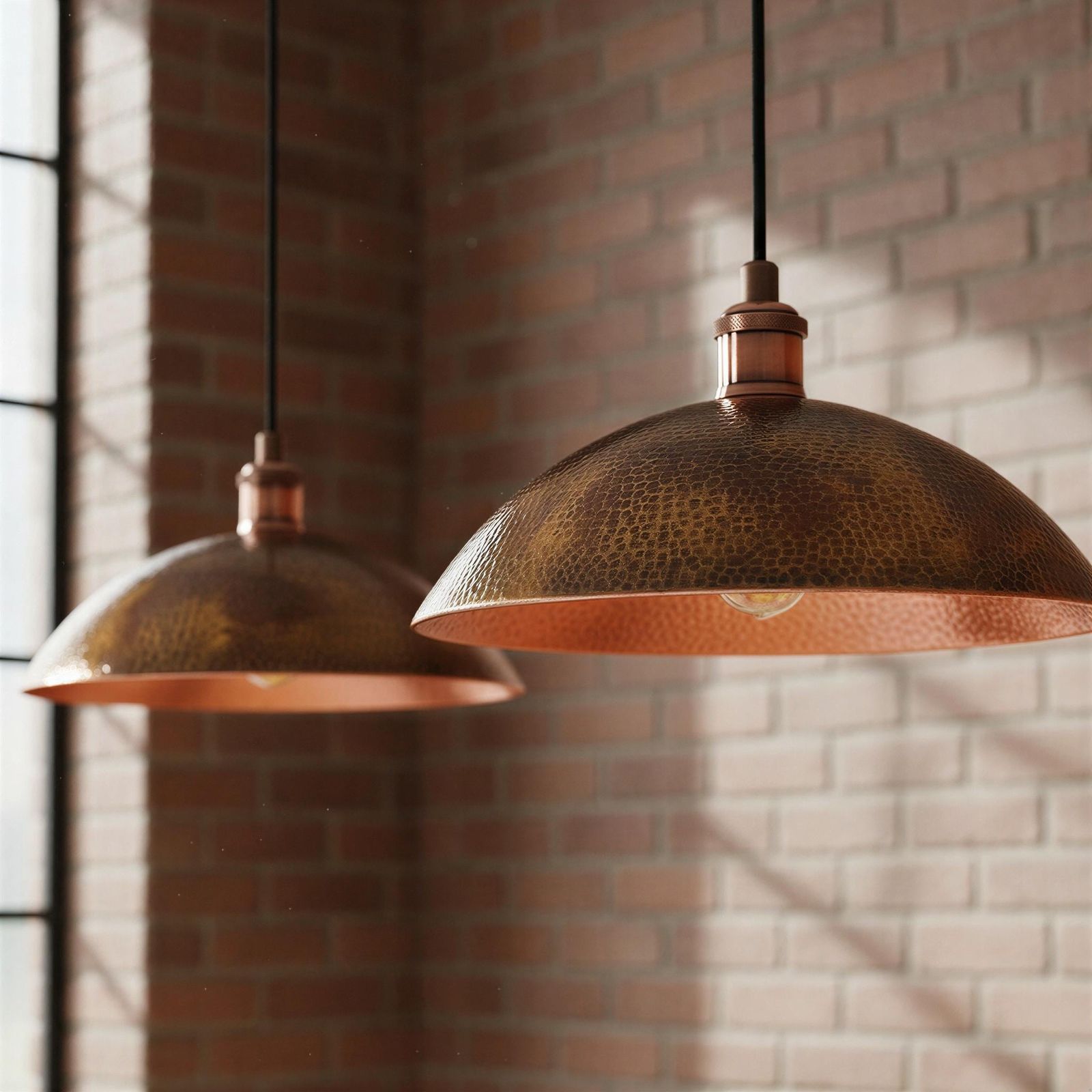 Two copper pendant lights hanging against a brick wall.