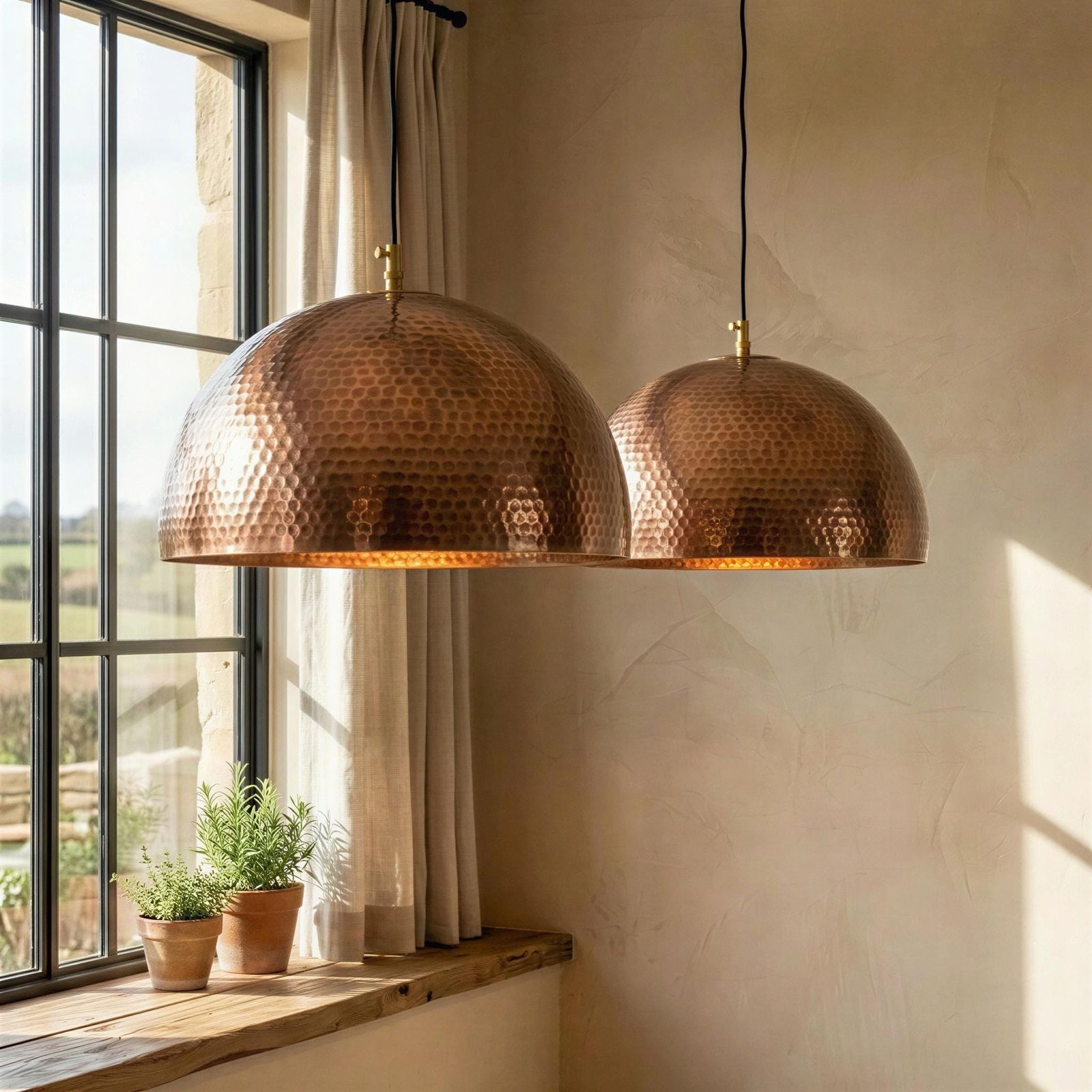 Two copper pendant lights hanging in a room with a window and plants.